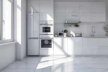 Wall Mural - A modern kitchen with white cabinets and a large window for natural light, suitable for food photography or home decor