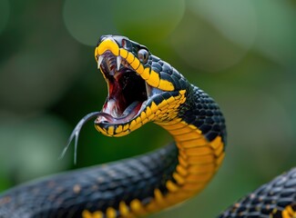 Black and Yellow Snake with Open Mouth