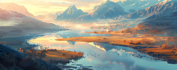 Wall Mural - A winding river snaking its way through a valley, its waters reflecting the surrounding mountains.
