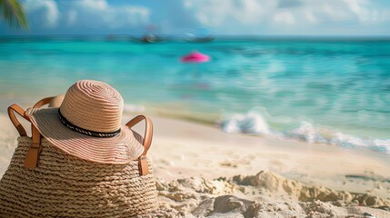 A wide-brimmed straw hat rests atop a woven beach bag, sitting on the white sand of a tropical shore. The vibrant blue ocean is blurred in the background. Generative AI