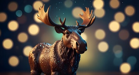 Wall Mural - Beautiful and friendly Christmas moose on bokeh background. Generative AI
