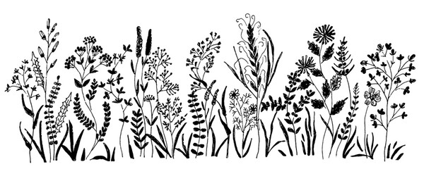 Hand drawn  set of simple decorative floral and garden elements. Black icons such as flowers, leaves, lines isolated on white background.
