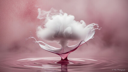 Wall Mural - Whimsical, ethereal mist and ink clouds amidst a painterly, fluid water swirl, captured in a minimalist photography style, set against a soft, defocused pink grain abstract background