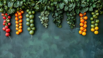   A group of colorful fruits and vegetables dangles from a green line on a gray wall