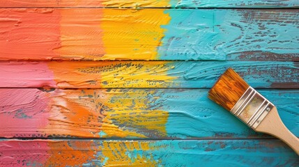 Poster - Colorful paint applied using an old wood brush Home renovation tools copy space for Paintbrush