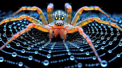 Wall Mural -   A close-up of a spider with bubbles on its body, against a dark background with blue circles surrounding it