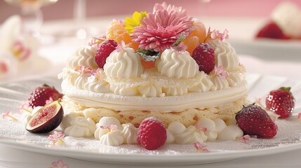 Wall Mural -   A close-up of a cake on a plate with strawberries and raspberries on the side