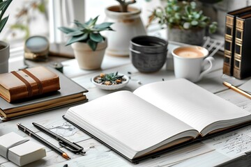 Cozy workspace with a notebook and coffee