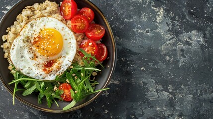 Wall Mural - Nourishing breakfast dish featuring oatmeal egg tomatoes and arugula Overhead view with space for text