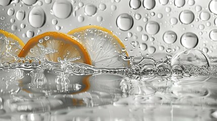 Wall Mural -   A cluster of lemons is perched atop a table beside a glass of water containing droplets