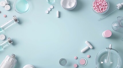 Modern pharmaceutical research elements on a plain background, with blank areas for text, perfect for drug development and clinical trials