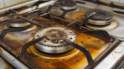 An old, dirty gas stove top with food stains and grease build-up needing a deep clean.