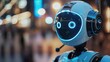 © AriyaniAI - A robot with a white and blue design stands in a city with bokeh lights in the background.