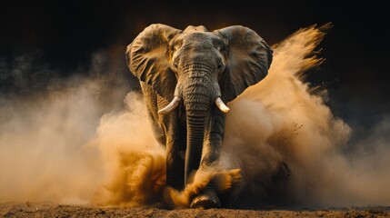 A large elephant is running through a cloud of dust