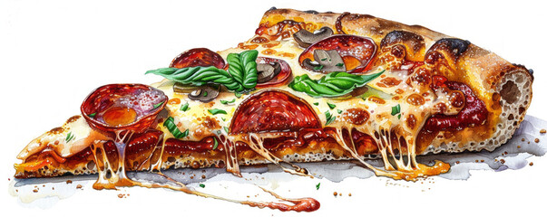 Wall Mural - A slice of pizza with gooey cheese, pepperoni, and mushrooms, dripping with fresh basil leaves.