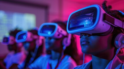 Wall Mural - Group of people wearing VR headsets, technology and innovation concept