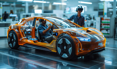 Poster - automotive engineer using vr headset for electric car 3d model design analysis and optimization in h