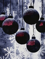 Wall Mural - Black Christmas Ornaments Covered in Snow