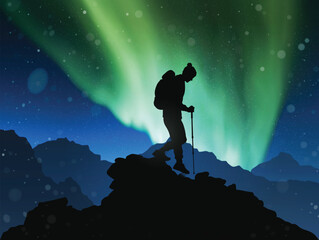 Poster - Hiking with trekking poles. Man walks on rocky mountain. Polar lights