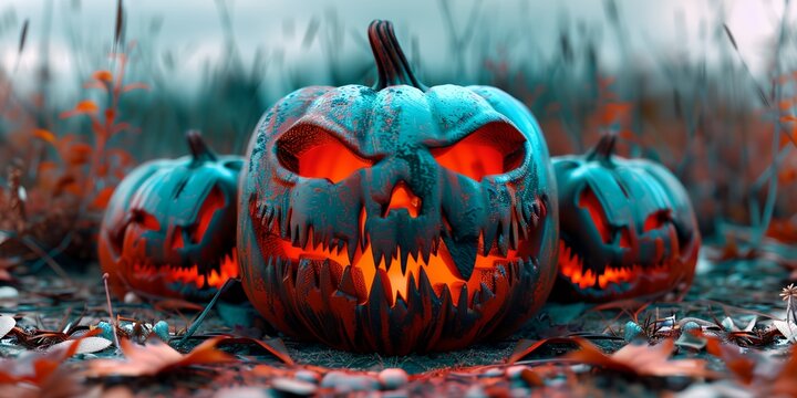 Three pumpkins with glowing eyes and teeth are arranged in a row on a field of leaves. The scene has a spooky and eerie mood, with the pumpkins appearing to be alive and menacing
