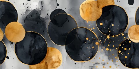 Wall Mural - A series of black and gold circles, with some of them overlapping. The circles are painted in a watercolor style, and the gold accents add a touch of luxury to the piece