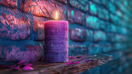 Poster -   A purple candle rests atop a wooden shelf alongside a blue brick wall and adorned with purple flowers