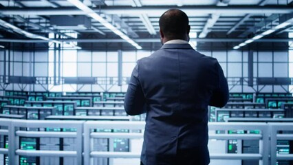 Poster - technician monitoring server room supercomputers, doing checkup, inputting data on tablet of needed 