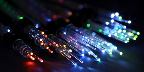 Fototapete - A row of colorful lighted wires are displayed on a dark background. The lights are bright and colorful, creating a sense of energy and excitement