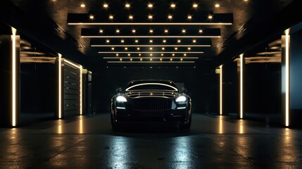 Wall Mural - An elegant luxury car is prominently displayed in a dark room with atmospheric lighting, reflecting off a glossy floor
