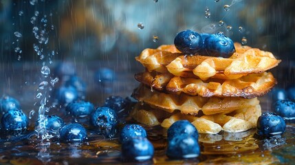 Poster -   A blueberry waffle tower on a table