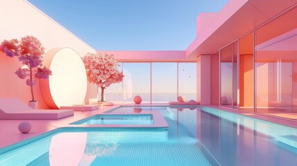 Wall Mural - A pink and white building with a pink pool and a pink tree