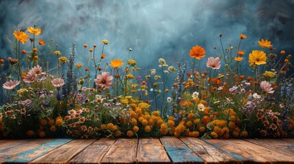 Wooden Table Topped With Pink and Blue Flowers