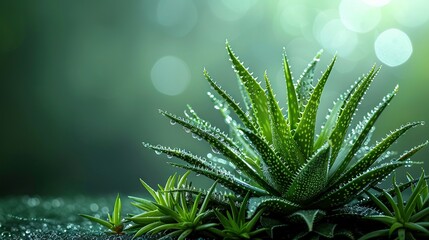 Wall Mural -   Close-up photo of a green plant with water droplets on its leaves against a blurry background