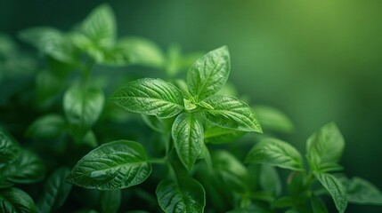 Wall Mural -   A green plant with numerous leaves at the center and a blurred background