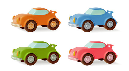 Poster - 3d Different Color Car Set Cartoon Design Style Isolated on a White Background. Vector illustration of Sport Racing Automobile