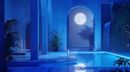 Wall Mural - A blue room with a pool and a moon in the sky