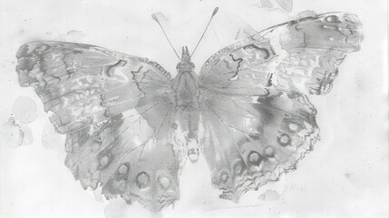 Sticker -   A black-and-white illustration of a butterfly on a piece of paper featuring watercolor droplets on its wings