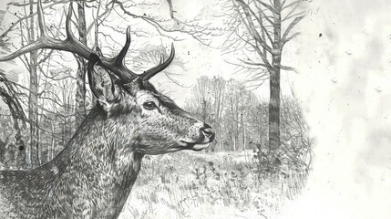 Wall Mural - black and white artwork depicts a deer with antlers on its head surrounded by trees