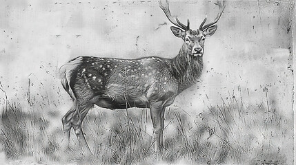 Wall Mural -   A monochrome image depicts a deer with antlers on its head and back
