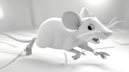 Wall Mural -   3D rendering of a white mouse on a white surface with light source illuminating the mouse's head