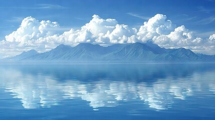   A vast expanse of water stretches before a majestic mountain range Clouds billow above it
