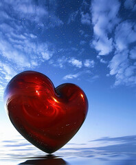 Wall Mural - Abstract sculpture of a metal red big heart against a background of blue clear sky with white clouds