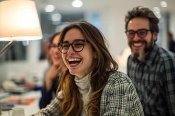 Poster - Blurred Figures Laughing in Modern Office: Stylishly Dressed Man and Woman, One with Beard, Wearing Glasses