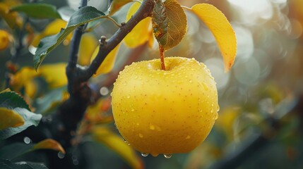 Wall Mural -   A clear close-up photo of an apple dangling from a tree with droplets of water glistening on its surface, set against a hazy backdrop