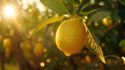 Wall Mural -    a lemon on a tree with sunlight filtering through the foliage while the fruit remains intact