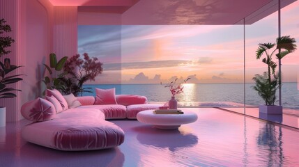 Wall Mural - A pink living room with a view of the ocean