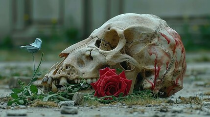 Canvas Print -   A skull rests on the ground, its mouth holding a single rose