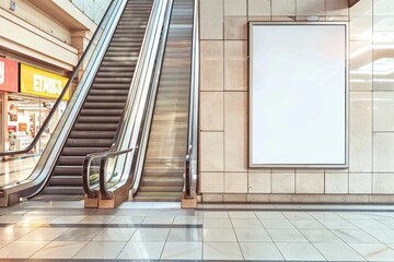 Modern Shopping Mall Interior with Empty Billboard Next to Escalator