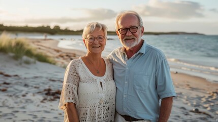 Wall Mural - Smile, photo, and retirement anniversary beach vacation senior couple. Happy, loving, elderly man and lady by ocean on romantic Australian vacation, adventure, or weekend.