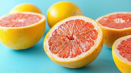 Wall Mural -   Grapefruit halves on blue surface with lemon background